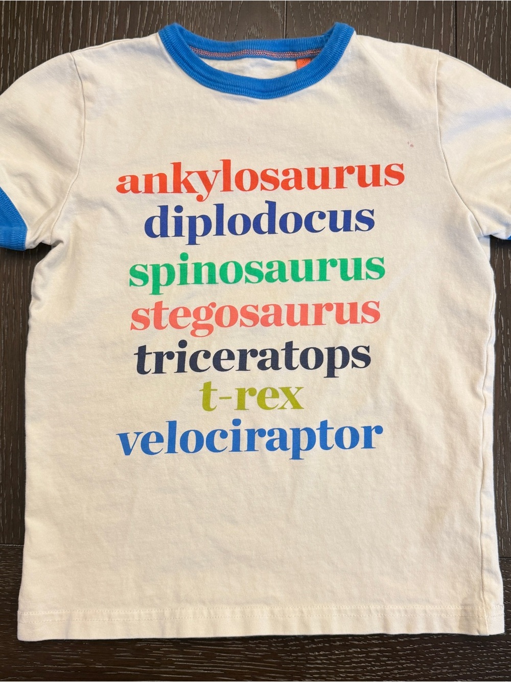 Mini Boden Boy’s 6-7 White Ringer Tee w/ Dinosaur Name Graphic Cotton